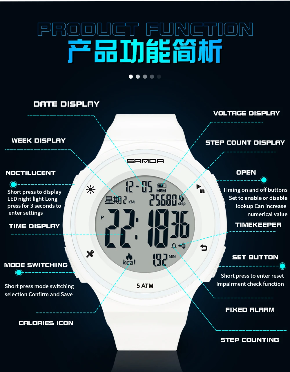 Fashion SANDA Top Brand Mens Luxury Waterproof LED Electronic Digital Step counting Multifunctional Night Light Sports Watches