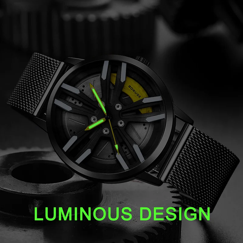 BORUSE Luxury Fashion Mens Car Wheel Watches Luminous Clock Men Mesh Belt Waterproof Quartz Wrist Watch montre homme