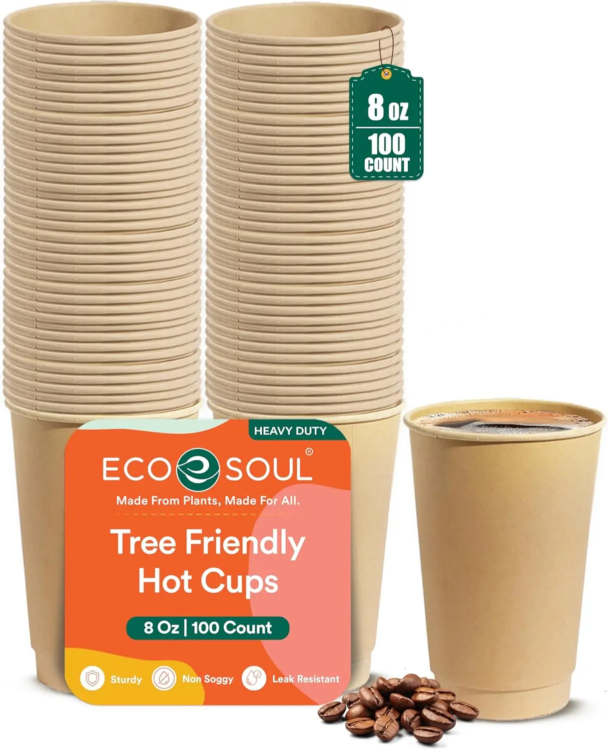 

100% Compostable Plant-Based 8oz Hot Cups | (100 Count, 8 oz Hot Cups) | Disposable Bagasse Paper Cups | Eco-friendly Cups