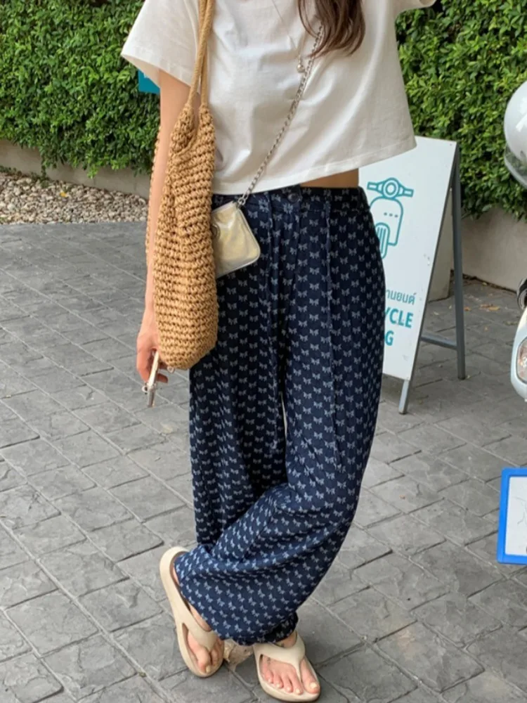 여름 세련된 빈티지 Dstring 나비 매듭 인쇄 캐주얼 바지 넓은 다리 데님 여성의 세련된 다목적 긴 바지