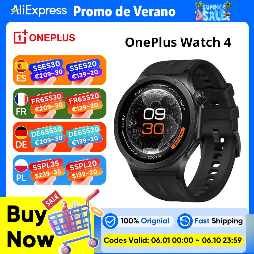 Version internationale de la montre connectée OnePlus Watch 4, écran de 1,5 pouces, Wear OS by Google, processeur Snapdragon W5, autonomie jusqu'à 16 jours, Google Wallet
