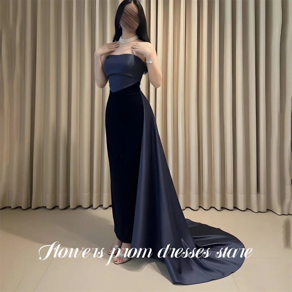 

Flowers Navy Blue Satin Prom Dress Strapless Celebrity Dress Mermaid Women's Evening Dresses with Train Formal Gown Customized