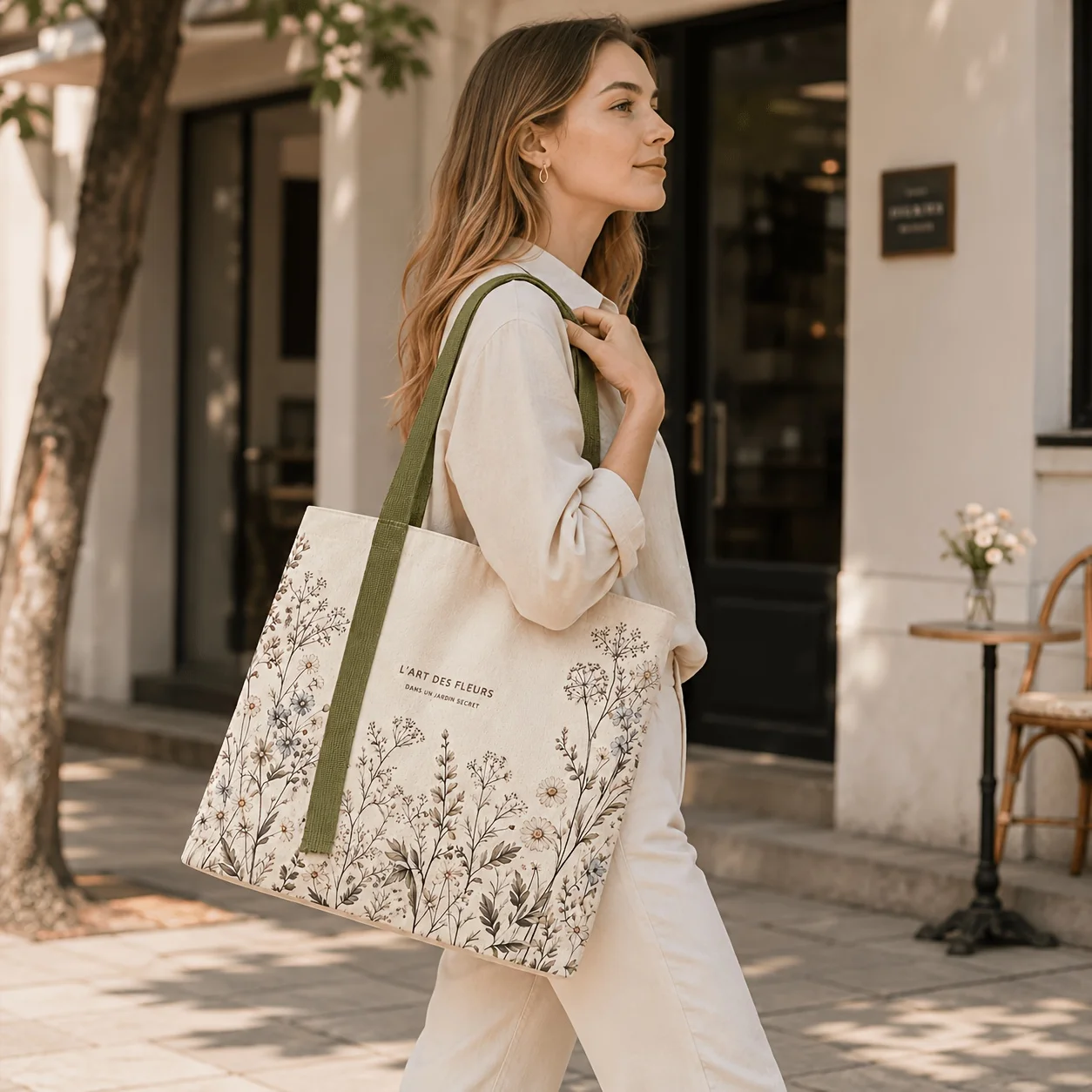 Canvas Floral Tote Bag Wildflower Print Shoulder Handbag Large Capacity Shopping Bag for Women Daily Work Travel
