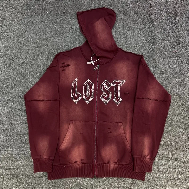

Diamond Decorated Zip Hoodie Lost Intricacy New Washed Distressed Loose Sweatshirt Unisex Casual Streetwear Style