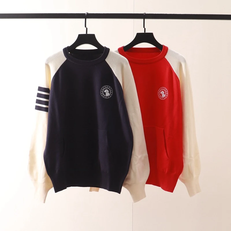 

Autumn/Winter New Loose Versatile TB Contrast Raglan Sleeve Dog Embroidery Four Bar Stripes Long Sleeve Knit