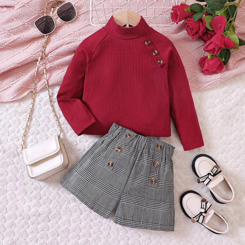 

2023 New Girls Dress Long Sleeve Turtleneck Red T-shirt Gray Plaid Shorts Cute Designer Girls Princess Dress Vestido 18M-7T