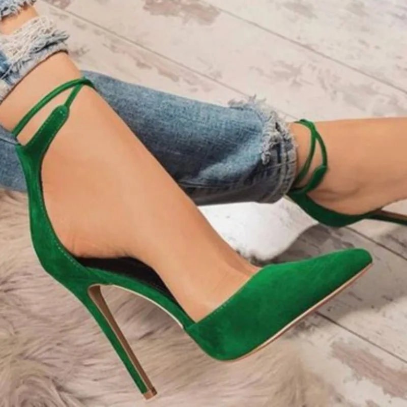 Sexy Green Women Sandals High Heels Pointed Toe Cross-tied Women\'s Sandals Party Shoes Sandalia Feminina