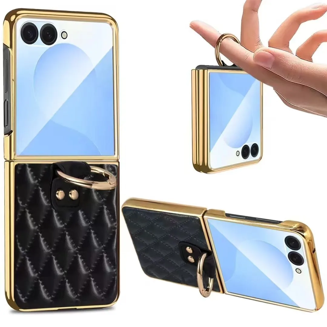 

High-end Luxury Plating Leather Folding Case For Samsung Galaxy Flip 7 6 5 4 3 with Ring Bracket Stand Shockproof Protect Cover