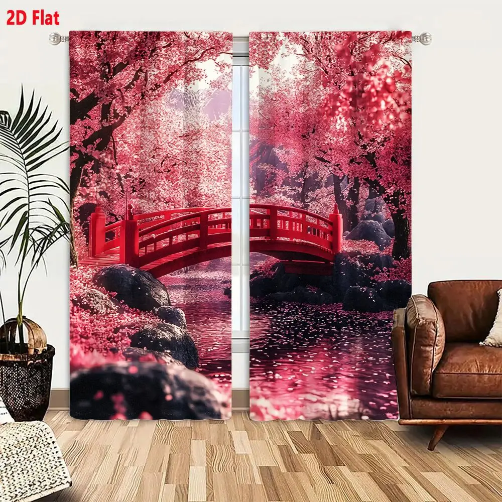 2Pcs Curtains 2D Flat Japanese Garden With Red Bridge And Cherry Blossoms Window Drapes for Bedroom Room Decor Decoration Window