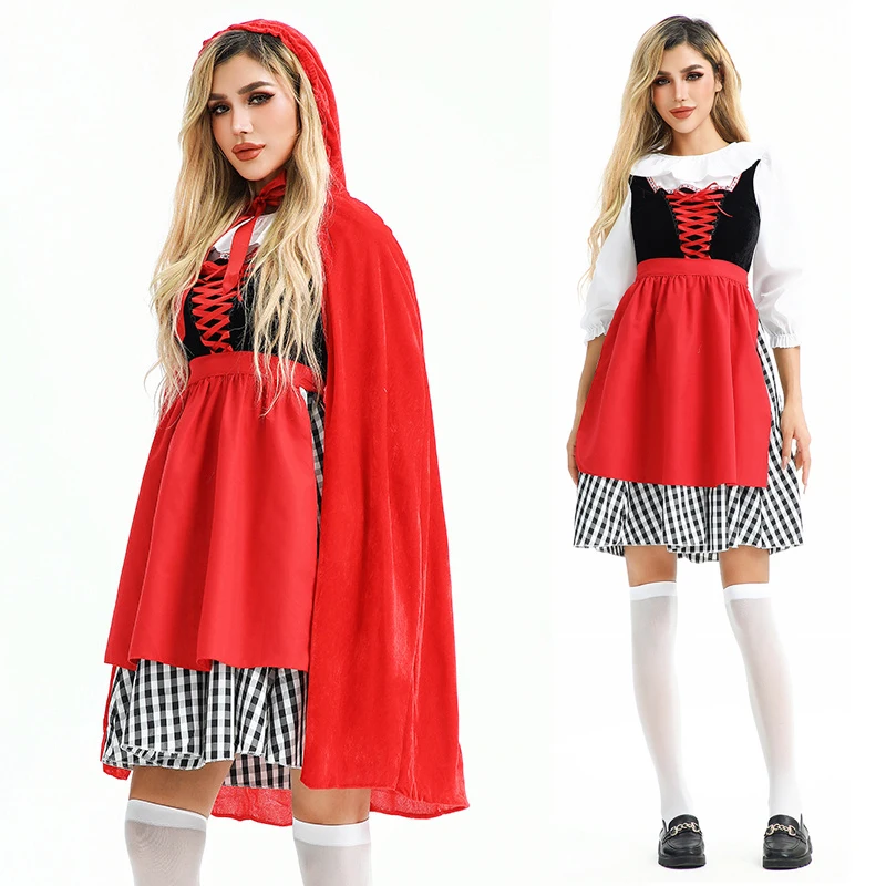

Костюм на Хэллоуин для взрослых, Красная Шапочка, сценический костюм, ферма, пасторальная горничная, плащ, платье