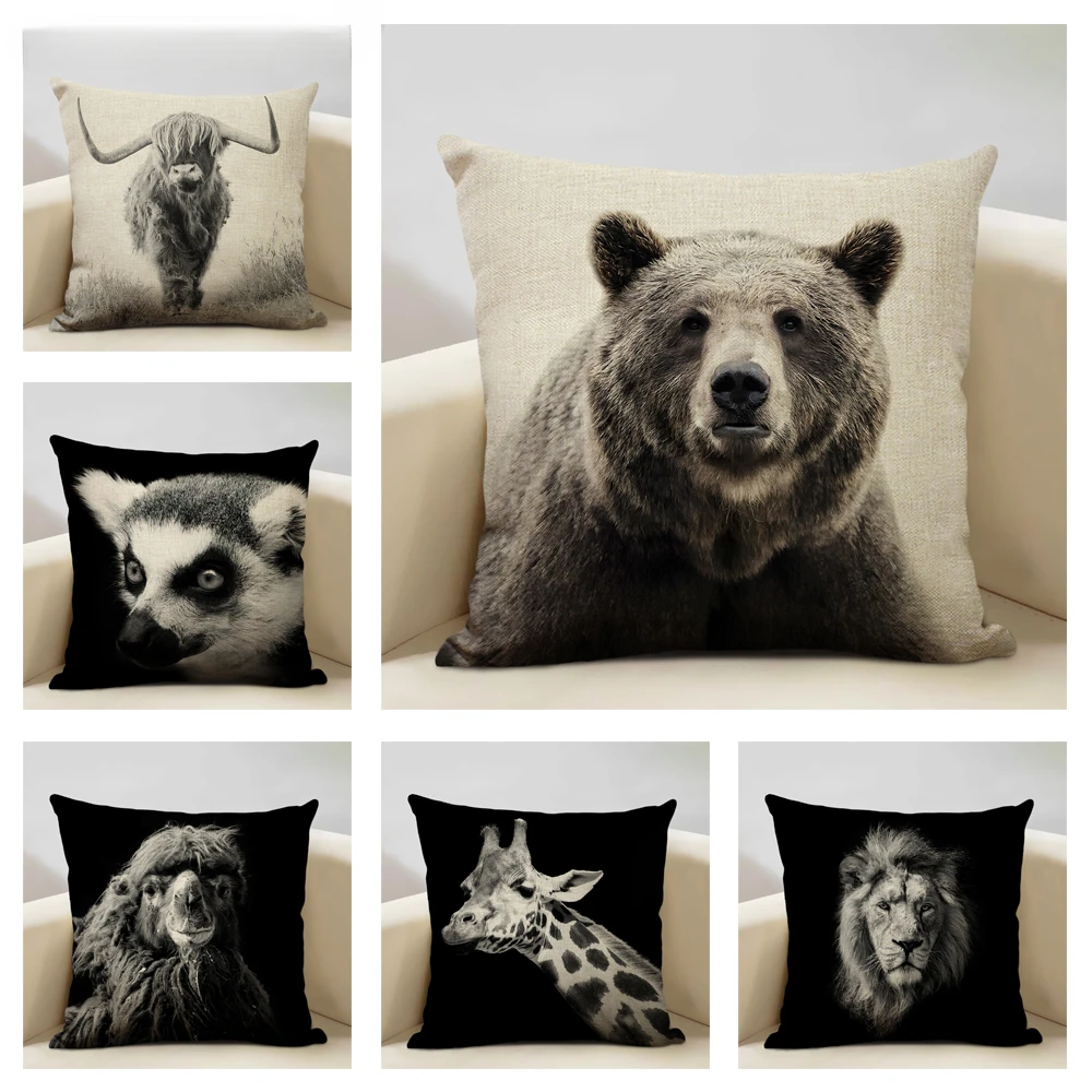 Animal Portrait Cushion Cover Lion Tiger and Bear Pattern Home Sofa Decorative Black and White Pillow Case Children’s Gift