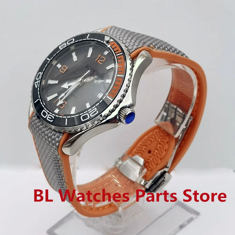 Imagem -03 - Bliger 41 mm Relógio para Homem Nh35 Automático Reloj Hombre Laranja Cinza Pulseira de Borracha Laranja Preto Moldura Vidro de Safira Luminoso