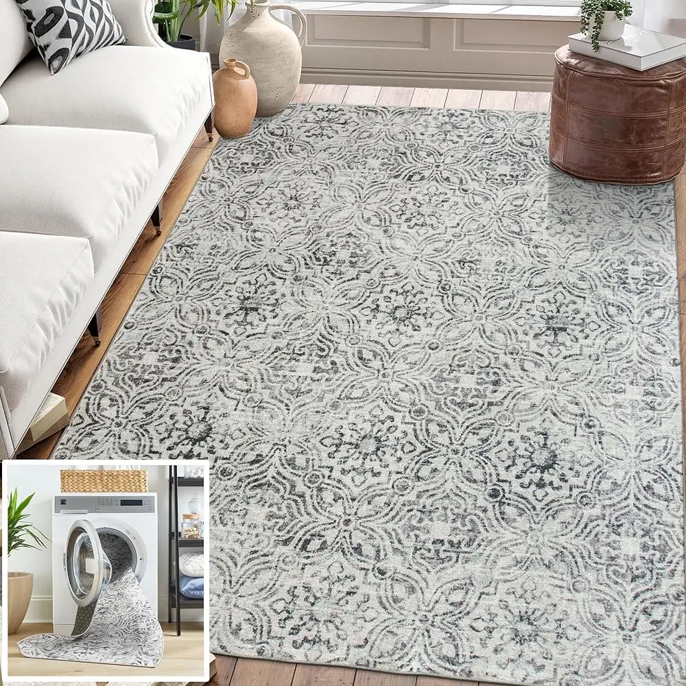 

Machine Washable Area Rug - Living Room Bedroom Bathroom Kitchen Entryway Office - Padded Low Pile Stain Resistant Premium -