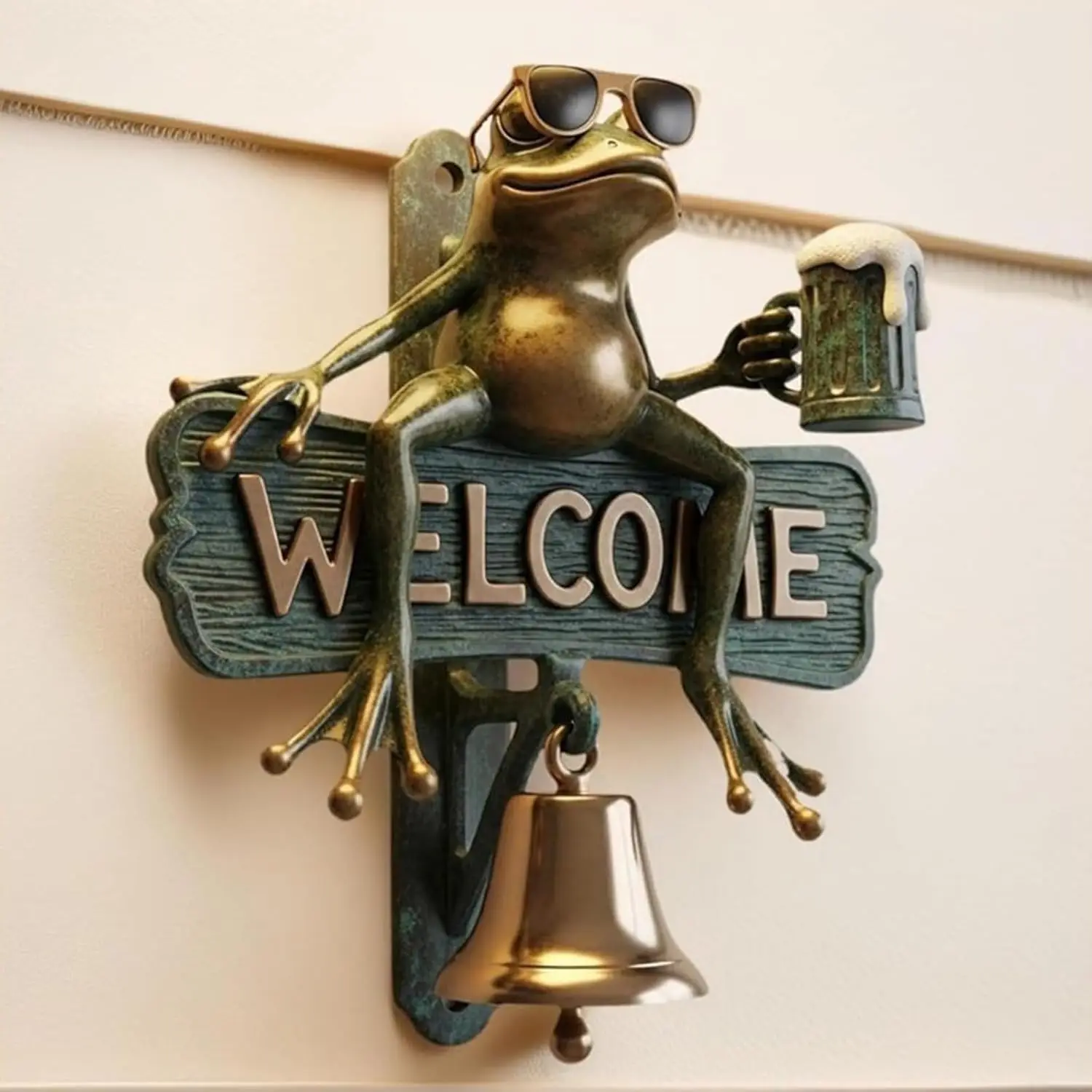 Frog Doorbell Decor Wearing Sunglasses Drinking Beer Unique Welcome Doorbell Ornament Courtyard Home Decor Gift for Porch Garden