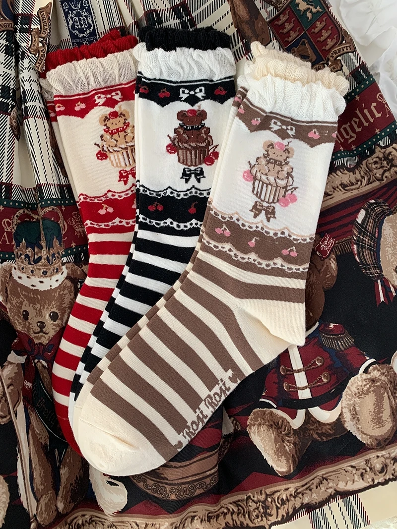 Calcetines de algodón con forma de oso para niñas, medias a rayas de tubo medio, uniforme con volantes de dibujos animados, regalo japonés Kawaii Harajuku para niñas