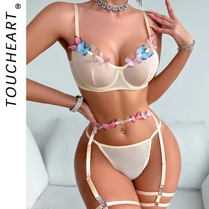 

Toucheart 3 Piece Set Sexy Bow Knot Underwear Set For Women Lace Patchwork Garters Mesh Contrast Color Backless Sexy Lingerie