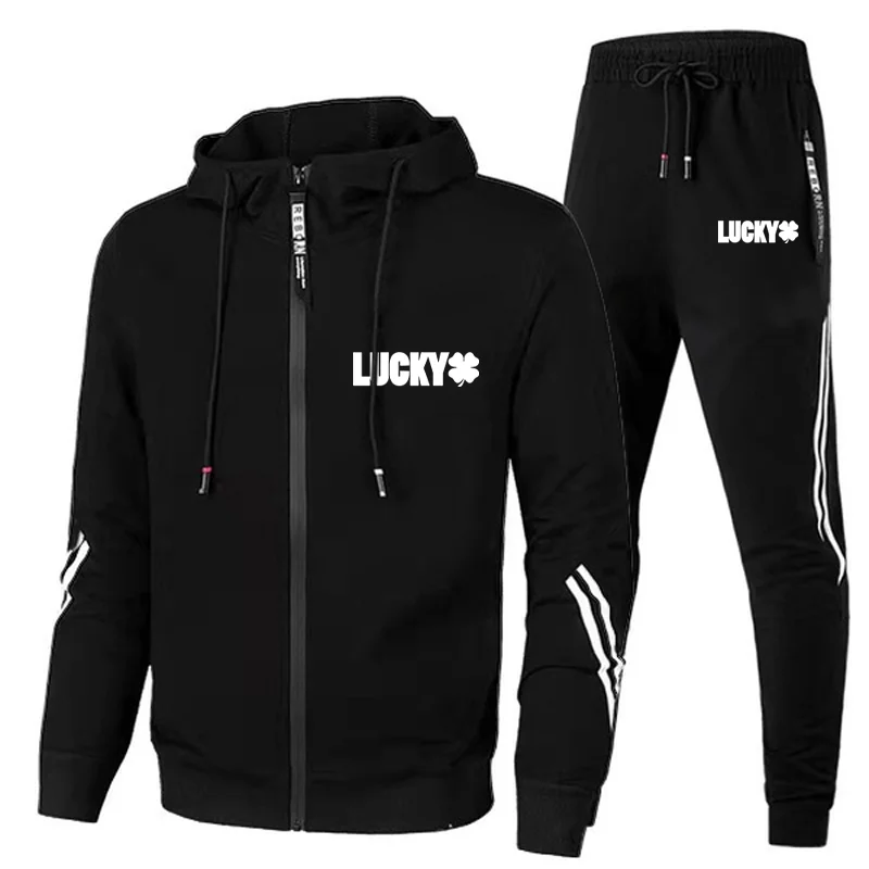 Ensemble de veste et pantalon à glissière à manches longues pour hommes et femmes, tenue de jogging, vêtements de sport décontractés, imprimé Lucky