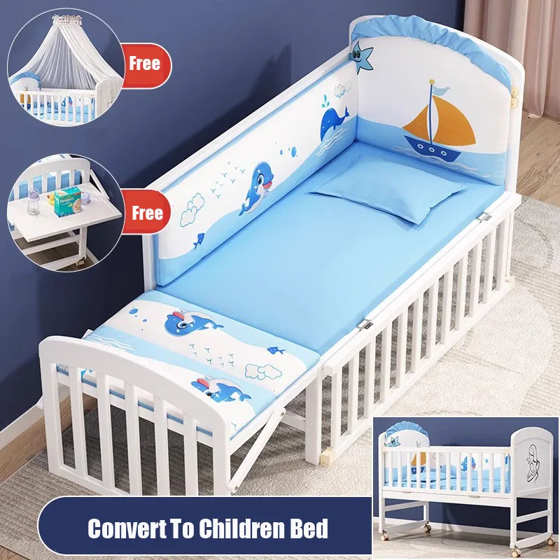 NONE Babybett aus Holz mit Moskitonetz und Windeltisch, umwandelbar in Kinderbett, Bettwäsche-Set, Babybett, Bett, Schaukelmatratze 5