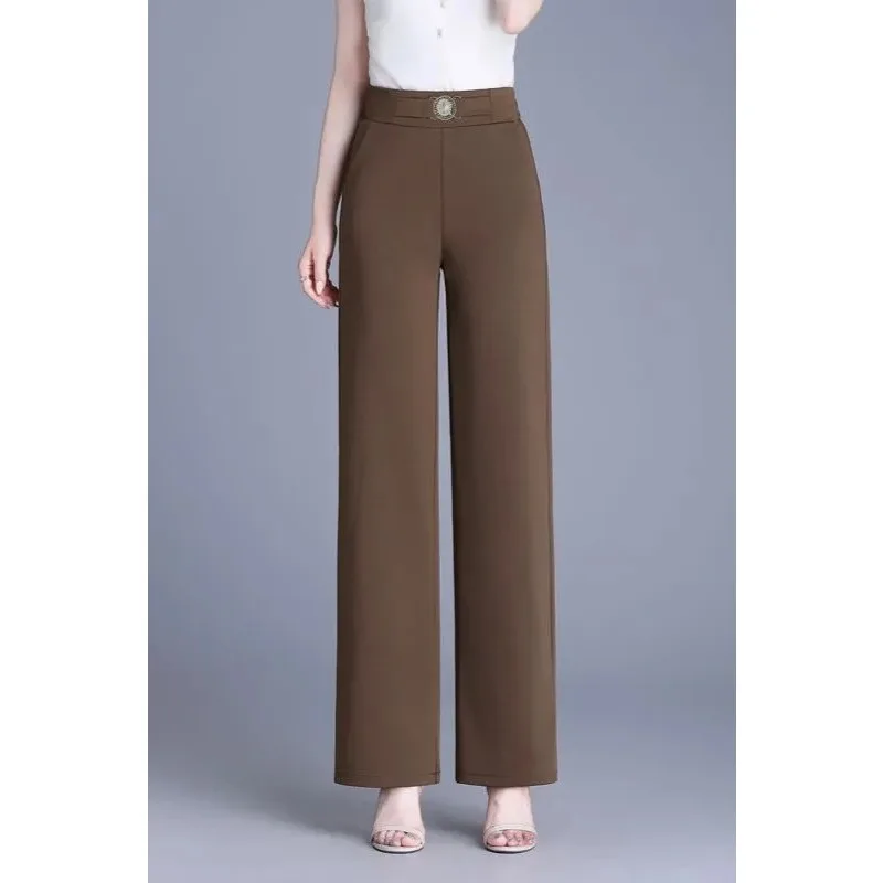 Women's High-Waist Wide Leg Pants Decorative Buckle Office Casual Trousers