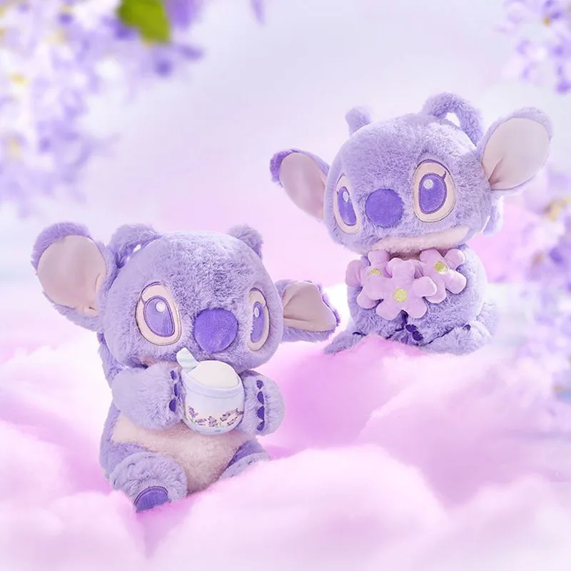 Juguetes de Peluche de Disney Lilo y Stitch Angel, Animales de Peluche Color Caramelo Morado con Flor y Taza de Té con Leche para Niños, Regalos Kawaii