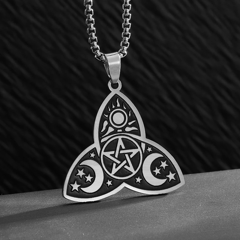 Celtic Trinity Knot Stainless Steel Pendant Witchcraft Pentagram Sun Totem Necklace for Men Lucky Amulet Jewelry