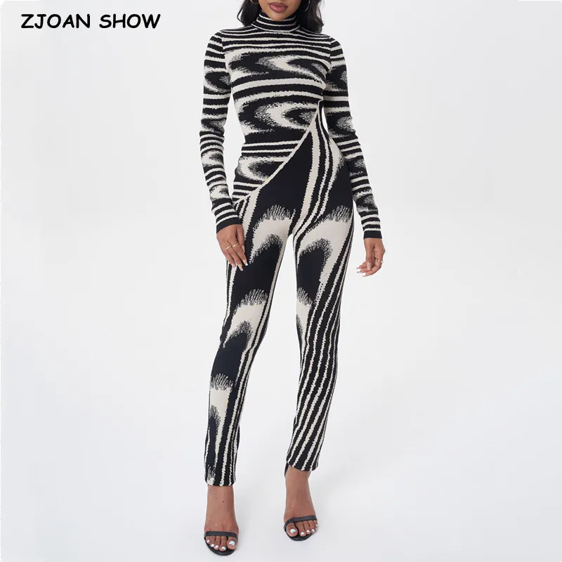 

Sexy Abstract Wave Striped Jacquard Knitting Long Sleeve Turtleneck Bodysuits Women Slim Strech Long Pants Jumpsuits Romper