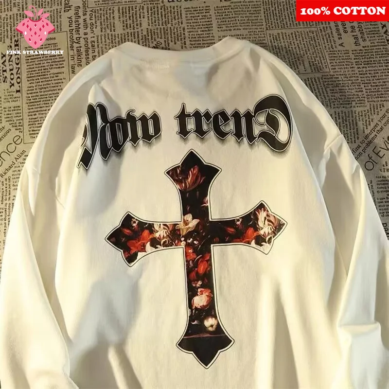 

American Street Cross Print T-shirt Men Autumn 2025 New 100% Cotton Oversize Long sleeves Tee Loose Casual Y2k Top Men clothes