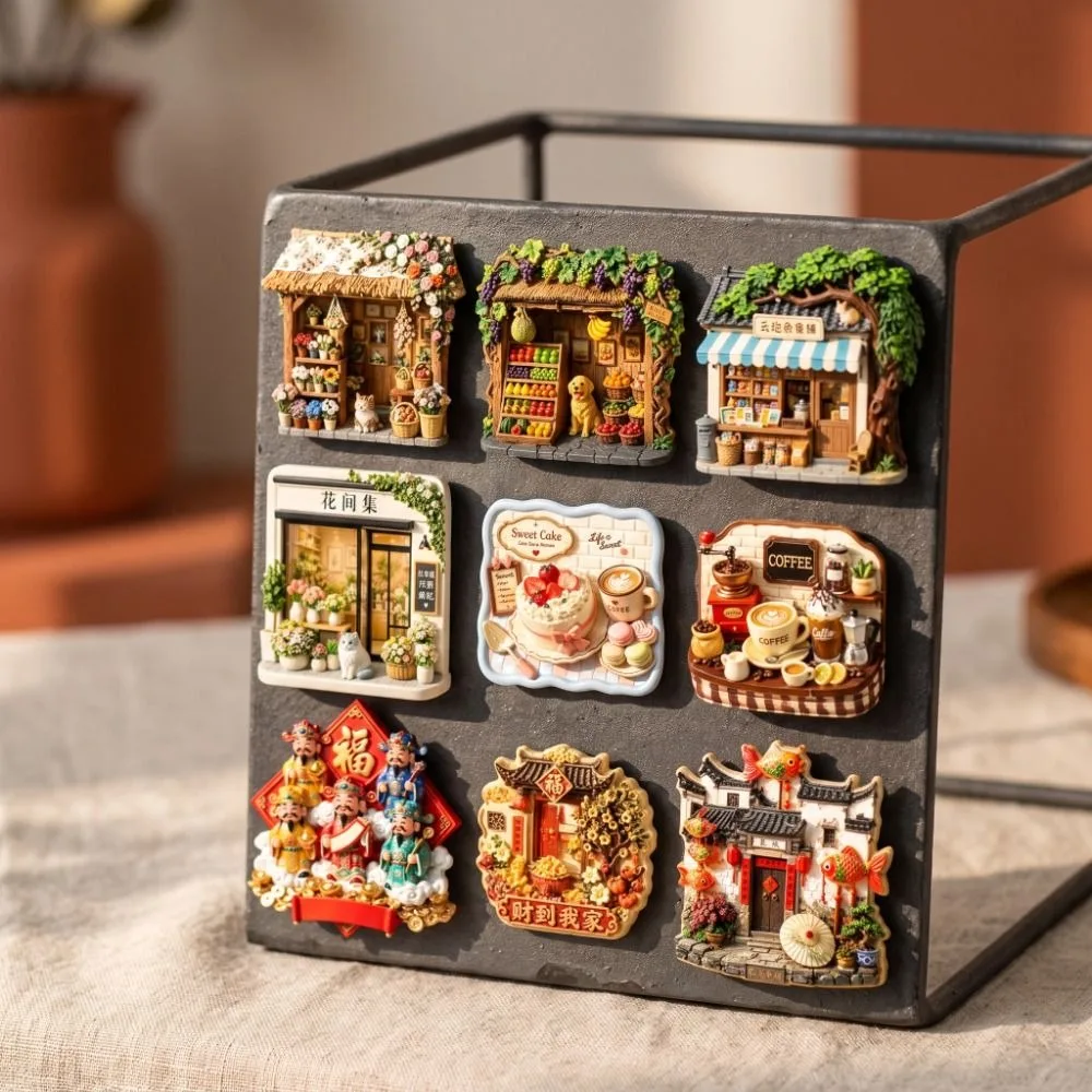 Chinese Style God of Wealth Refrigerator Magnet Shop Shape Rustic Style Home Decoration Cat Dog House Magnetic Sticker Gift