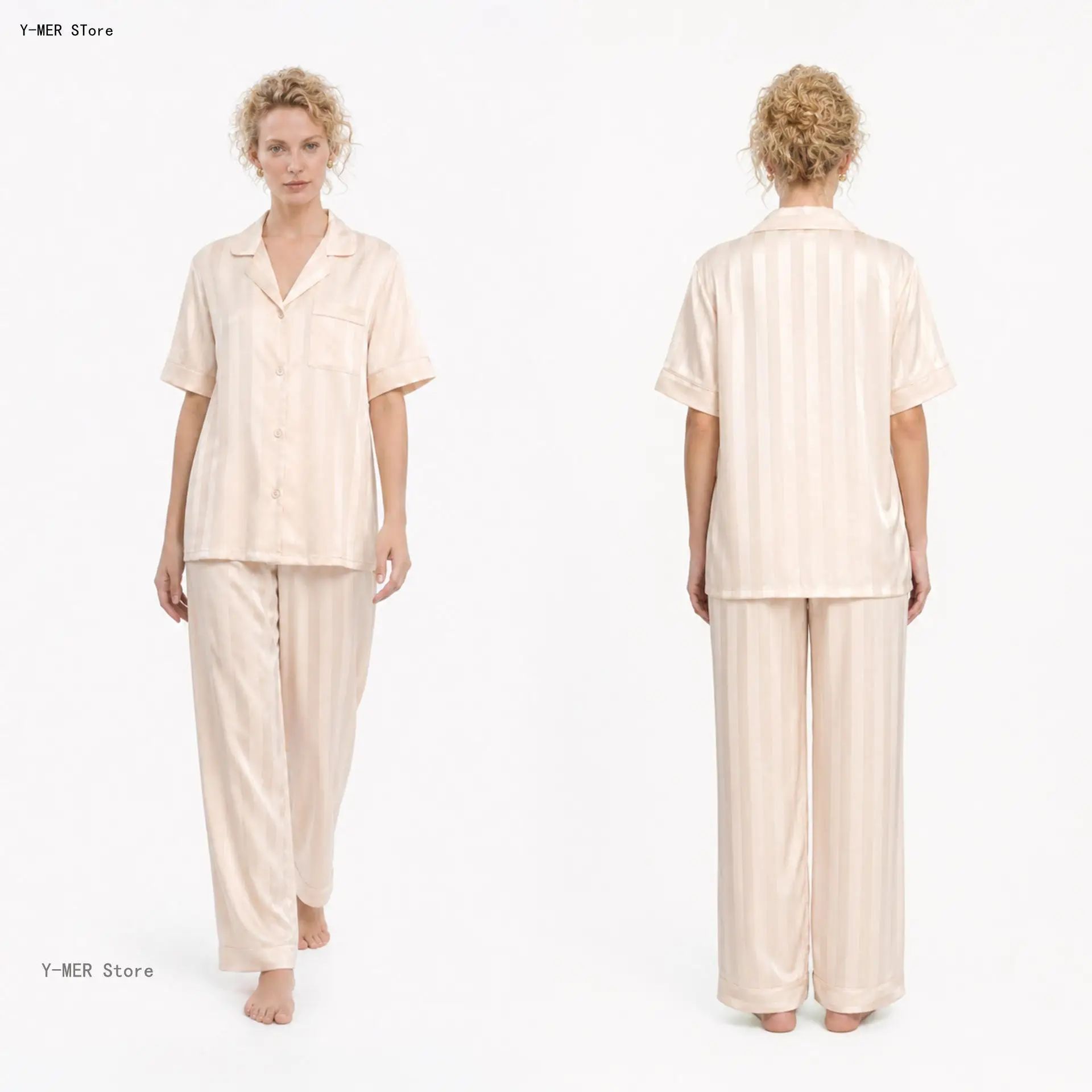 Imitation Silk Satin Jacquard Two Piece Pajama Set for Women Spring Summer Lapel Short Sleeve Long Pants Casual Home Sleepwear