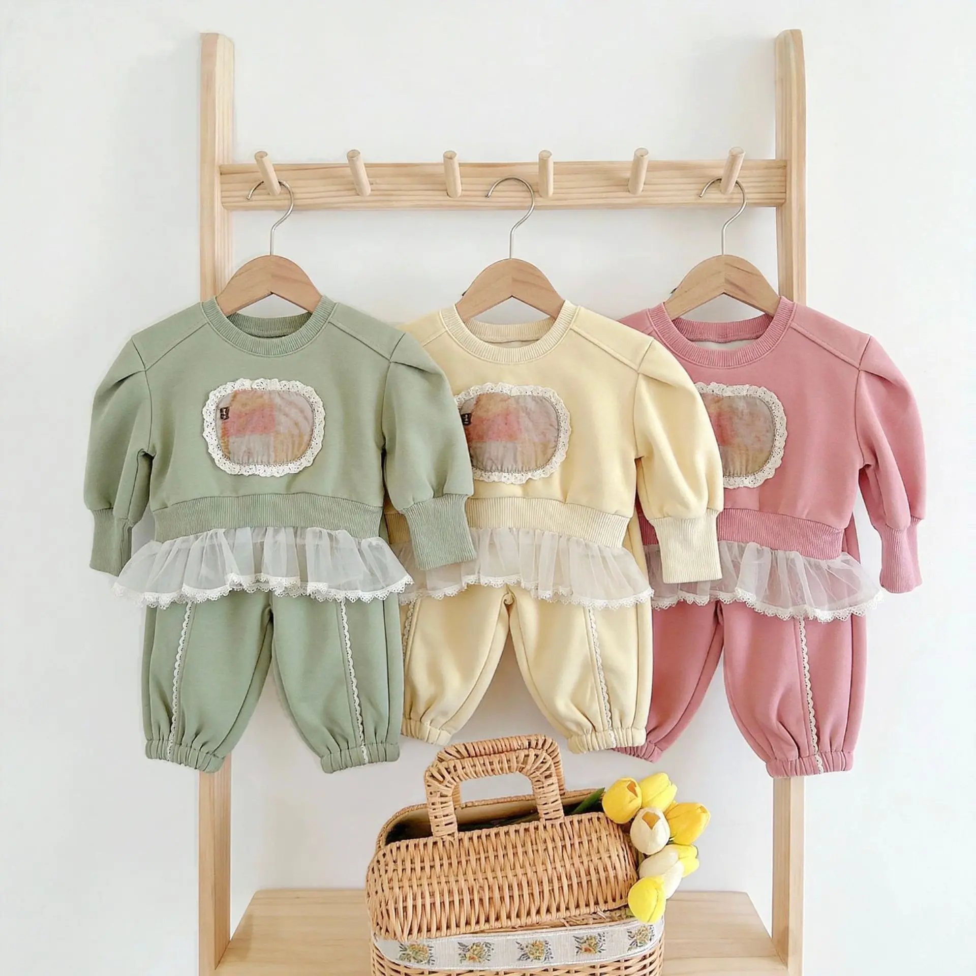 2026 Spring and Autumn New Korean Children Girls Fashion Lace Cute Floral Round Collar Head Spring and Autumn Two Piece Set
