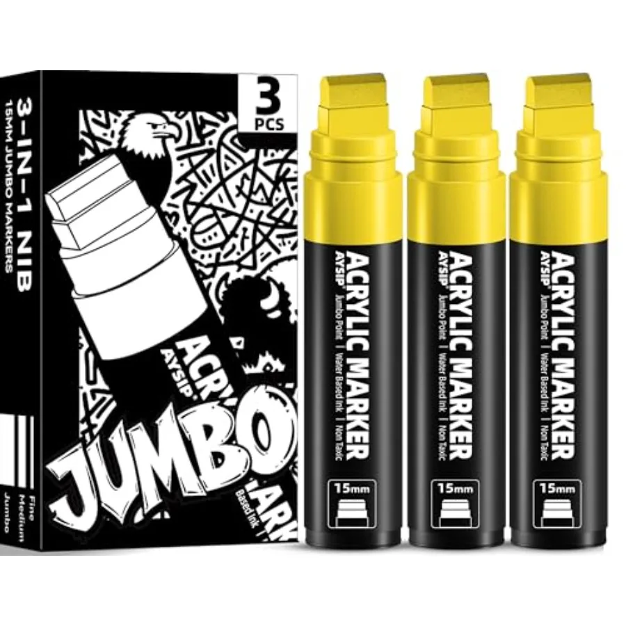 

3 Jumbo Permanent Markers, 15mm Large Wide Tip, Thick Acrylic Paint Markers for Painting, Rock, Window, Glass, Wood, Fabric
