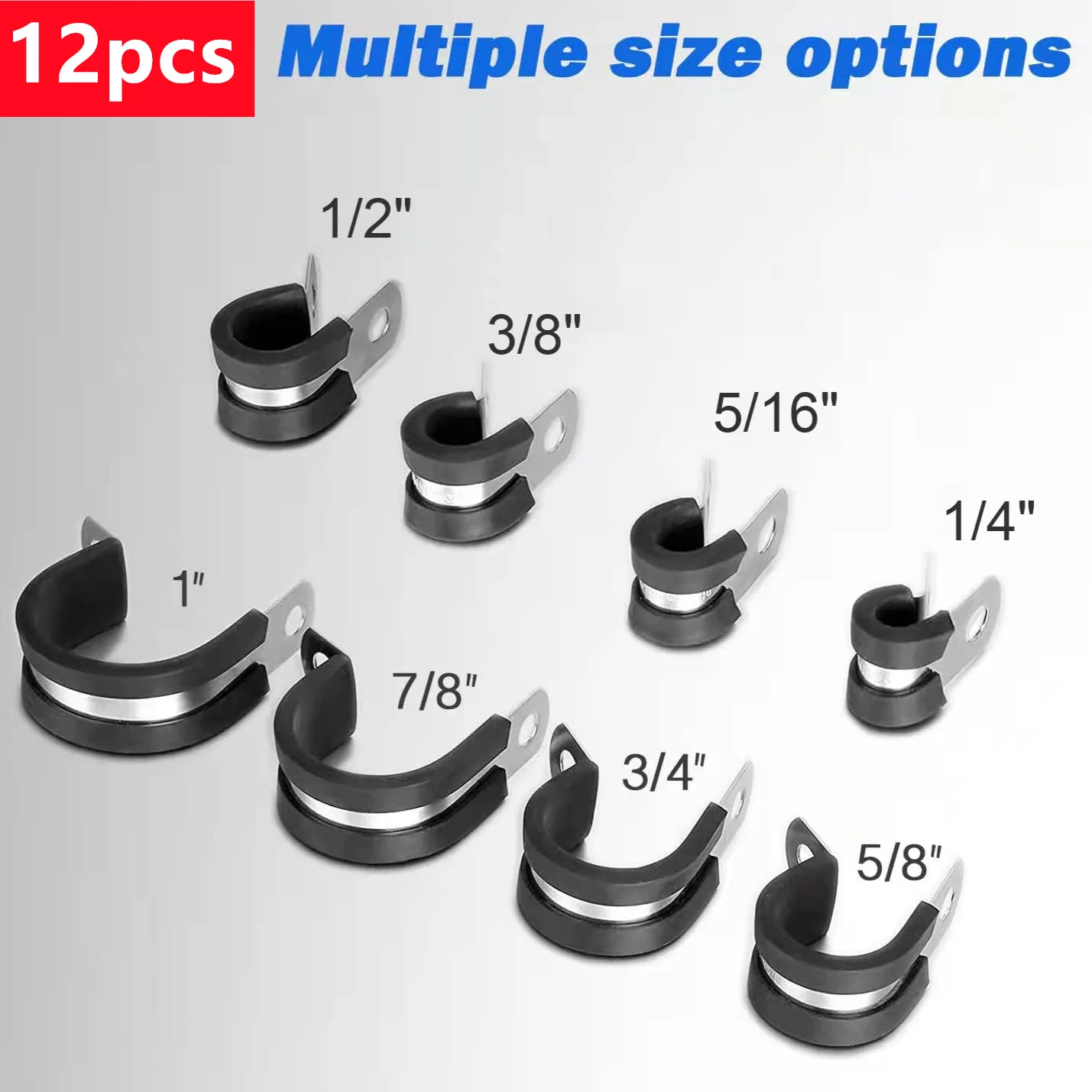 12PCS 304 Stainless Steel Rubber Lined P Clip R-type Pipe Clamp Cable Mounting Hose Fixed Clamp 6-45mm Pipe Bracket Support Clip