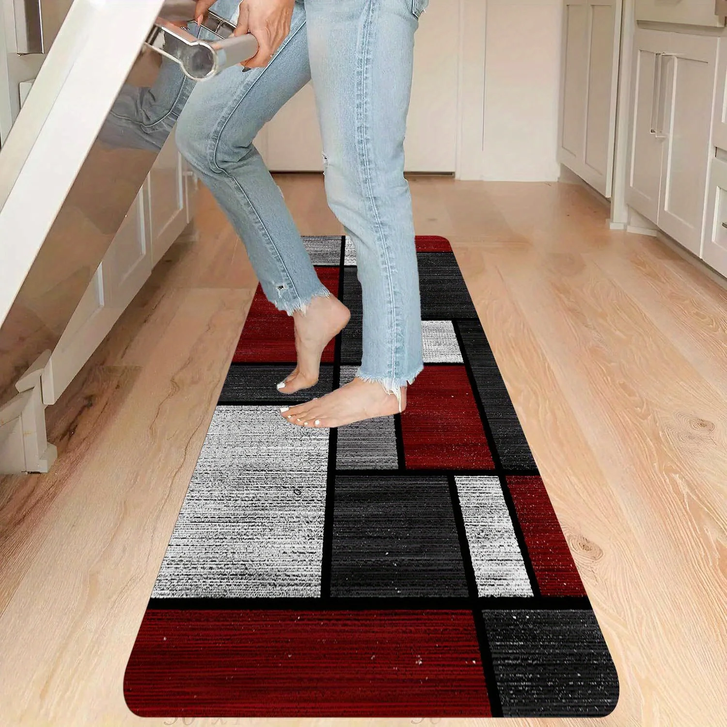 Red Black Kitchen Rug 1/2/3pcs Set Geometric Area Rug FloorMat Runner Rug for Living Room Bedroom Hallway Laundry Patio Doormat