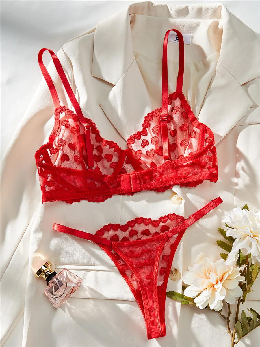 Women Sexy Bra Brief Set Lace Embroidery Heart-shape Romantic Lingerie Fairy Seamless Underwear See Through Exotic Set Bra Sets