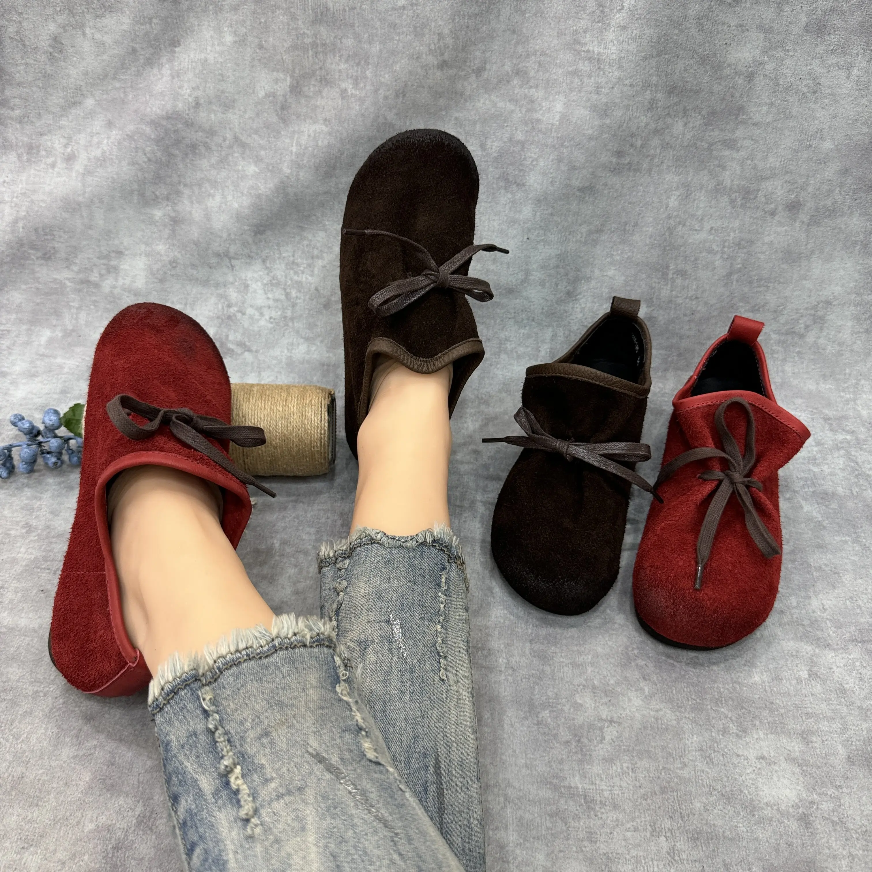 Birkuir Retro Round Toe Flats Shoes For Women Slip On Loafers Pleated Shoes Suede Leather Soft Soles Luxury  Lace Up Boat Shoes