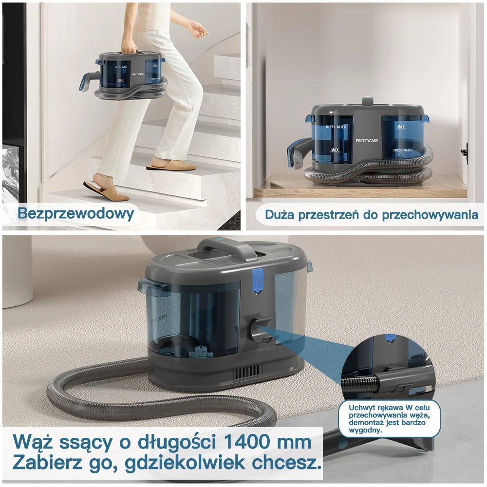 PrettyCare Cordless Fabric Vacuum Cleaner PC808 Carpet Vacuum Cleaner 15Kpa 1.4m Hose Portable Spot Cleaner with 1.7L Water Tank