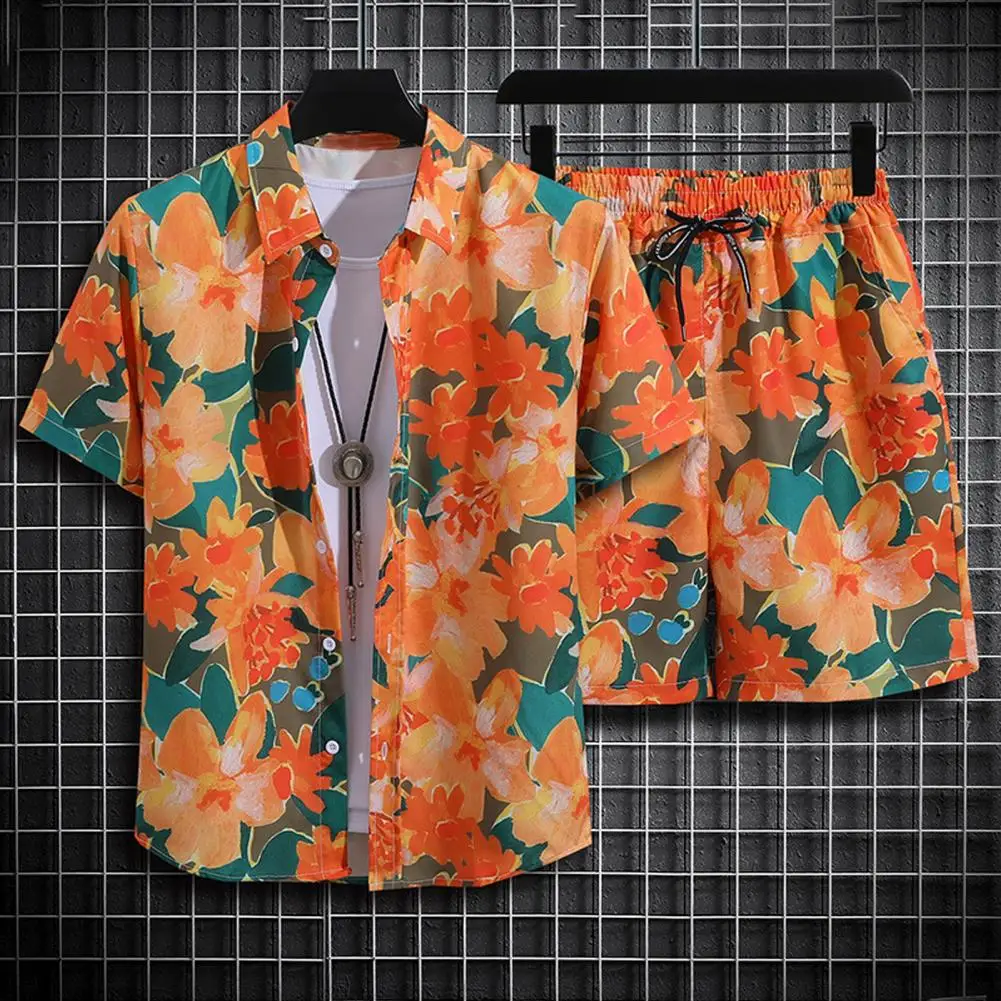 Men Printed Casual Suit Set Men's Hawaiian Print Beach Outfit Set with Short Sleeve Shirt Elastic Waist Shorts Casual for Summer