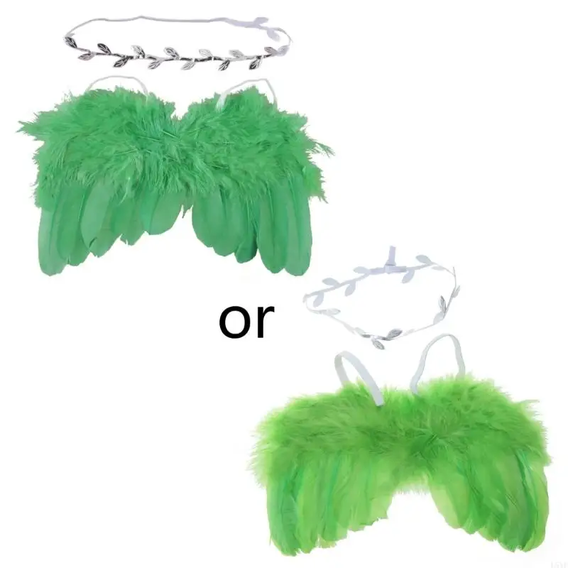 L5YF Fuzzy-Feather Engelenvleugels Hoofdband Set voor Baby Cosplay Meisjes Kostuum Fotografie Witte Engel Veren Vleugel Outfit