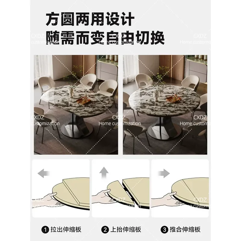 Square to Round Dining Table Telescopic Folding Natural Marble High End Snow Capped Mountain Blue Italian Minimalist Dual
