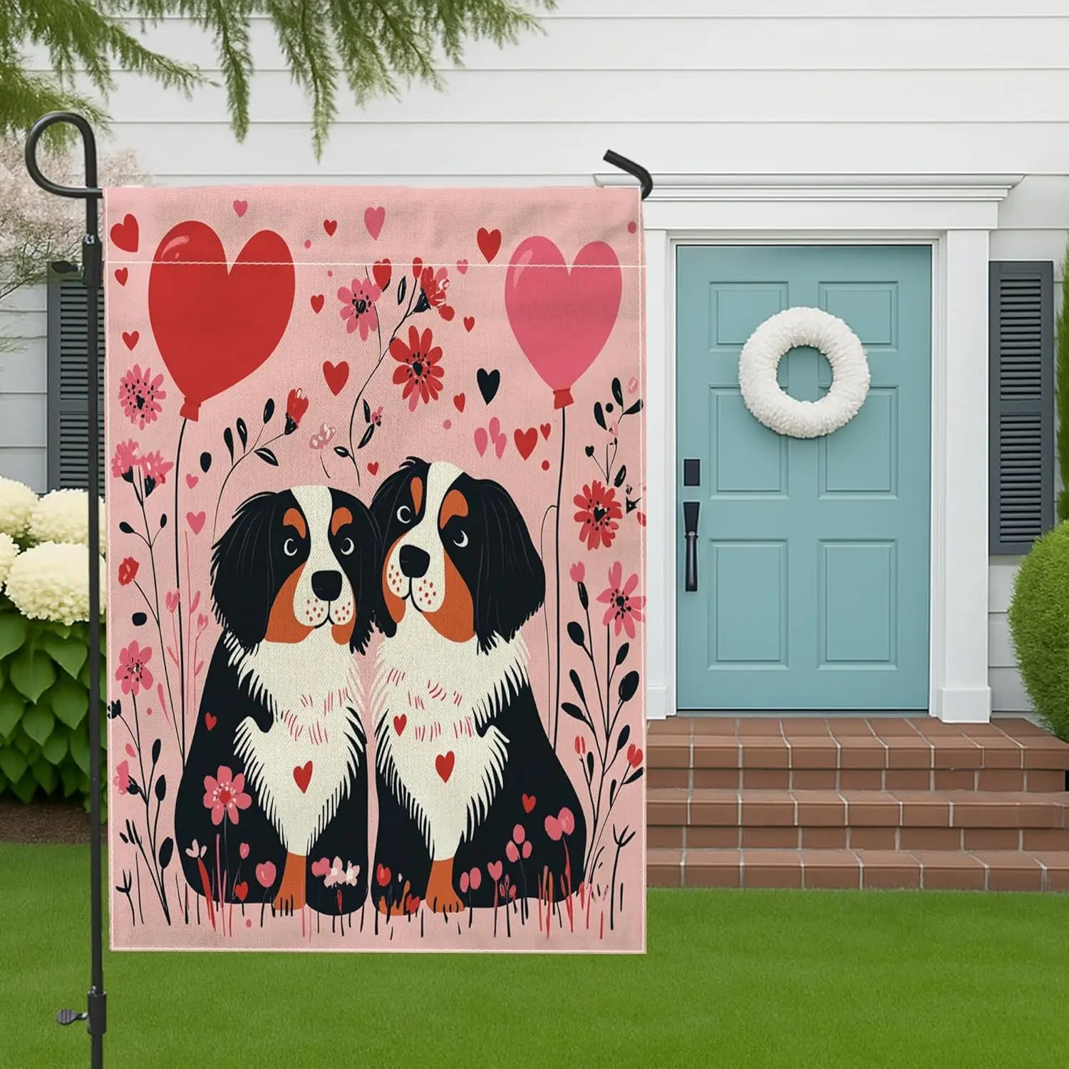 Valentine's Day Bernese Mountain Dog Garden Flags 12x18 Inch for Outside, Fun Couple Puppy Standard Vertical Linen Flags LLO uui
