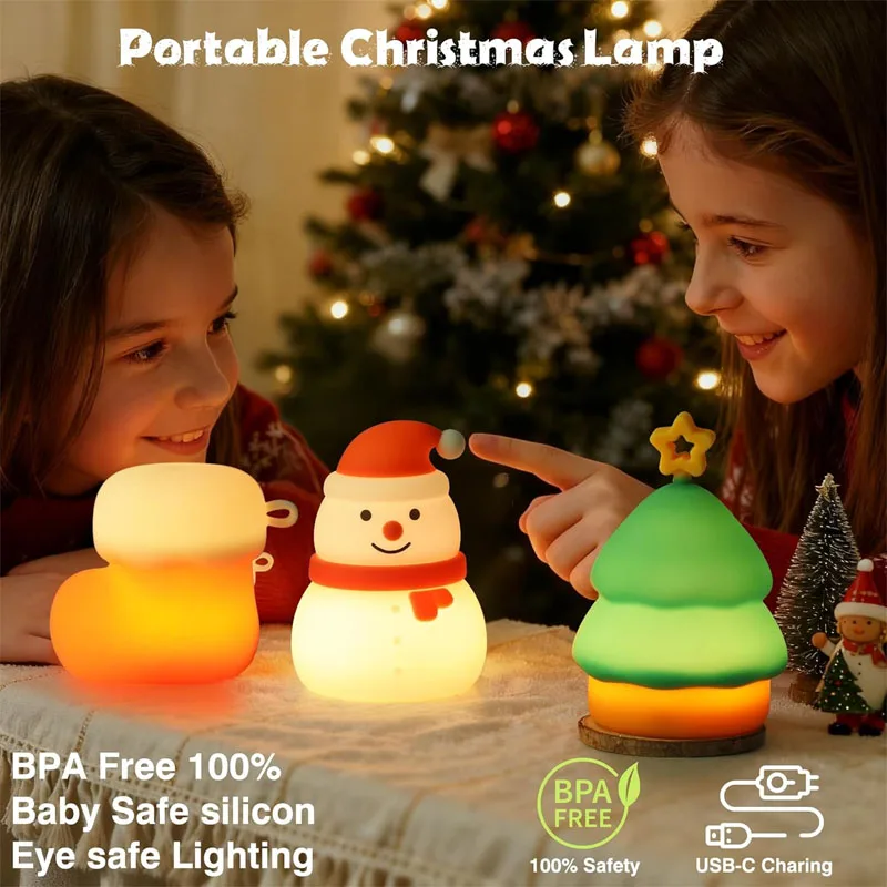 Árvore de natal silicone luz noturna botas de boneco de neve carregamento usb luz ambiente interruptor toque led pendurado luz squishy silicone