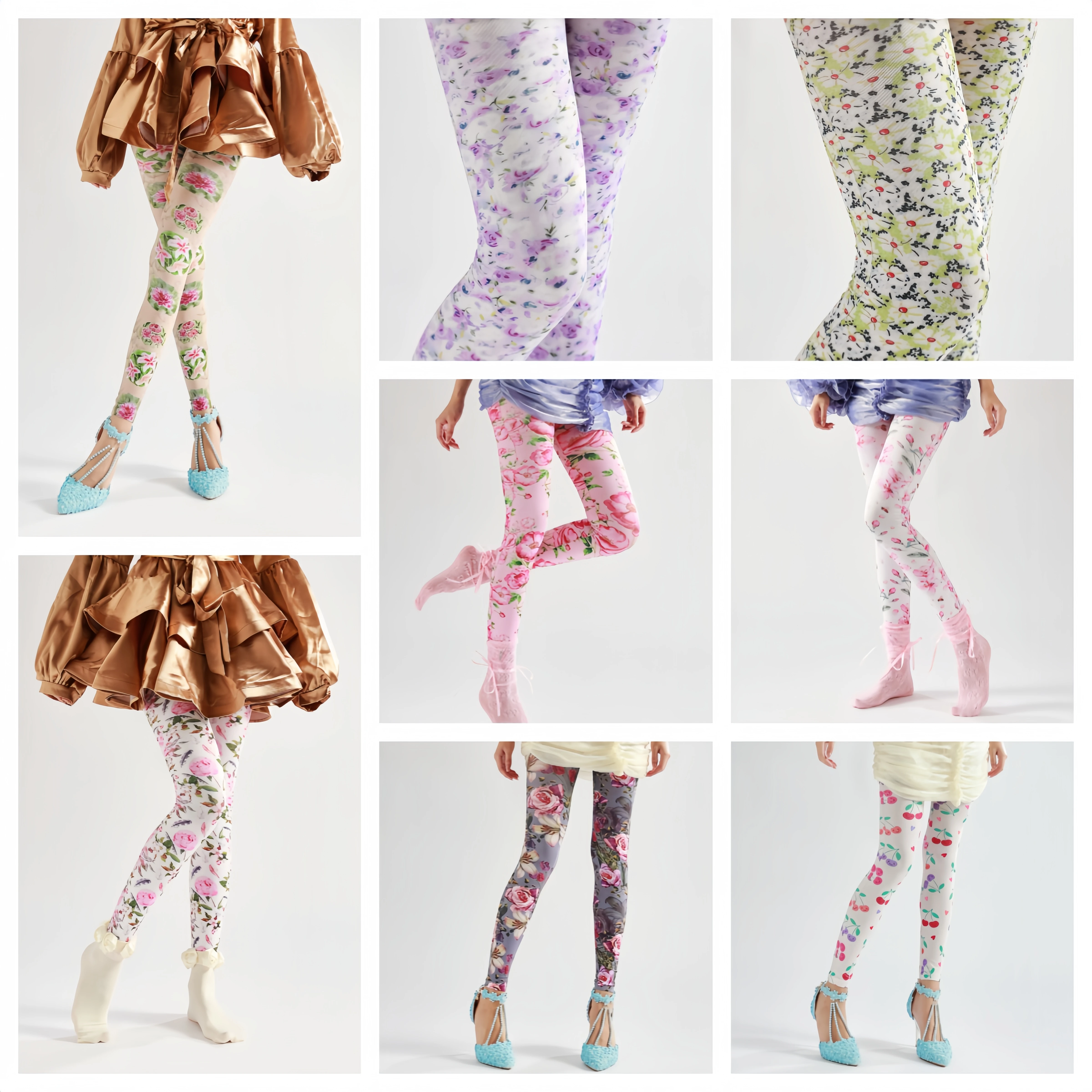 

Sahabowi blue pink purple rose flowers nine pants opaque soft digital leggings for women