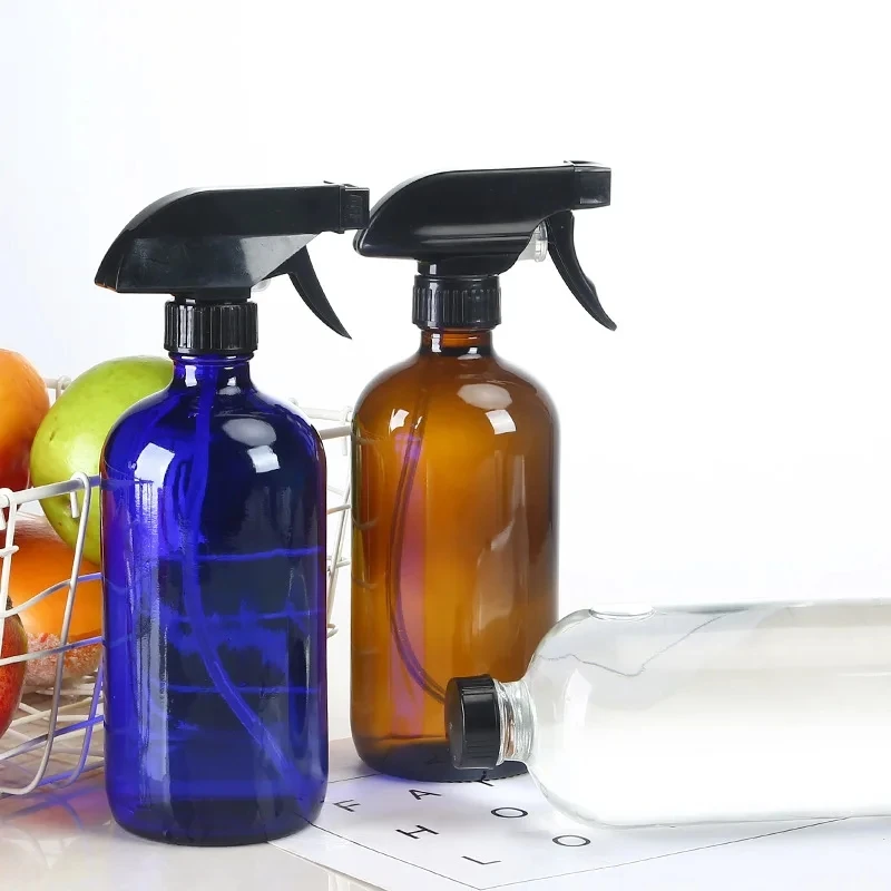 

30pcs 250ML 500ML Refillable Boston Round 8oz 16oz Clear Amber Blue Spray Glass Bottle with Trigger Sprayer