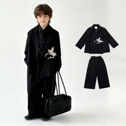 Boys Black Traditional Crane Embroidery Suit Set Blazer Shirt Pants with Tie for Wedding Party School Host Performance Outfit