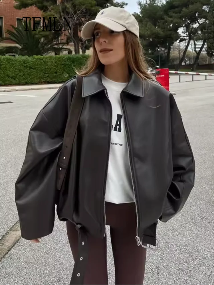 Chaquetas informales de piel sintética con cinturón para mujer, abrigos de calle holgados con cremallera de solapa a la moda, prendas de vestir Retro de manga larga, otoño 2025
