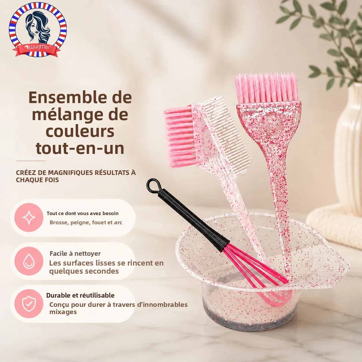 Ensemble de teinture pour cheveux et reflets, peigne scintillant, brosse de teinture à l'huile, simple face, brosse de teinture en perles, 4 pièces