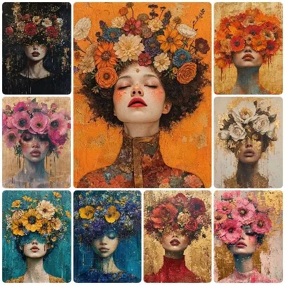 decoracao-de-parede-para-quarto-infantil-quebra-cabeca-feminino-com-flores-multicoloridas-de-margaridas-e-rosas-arte-em-fundo-dourado-envelhecido