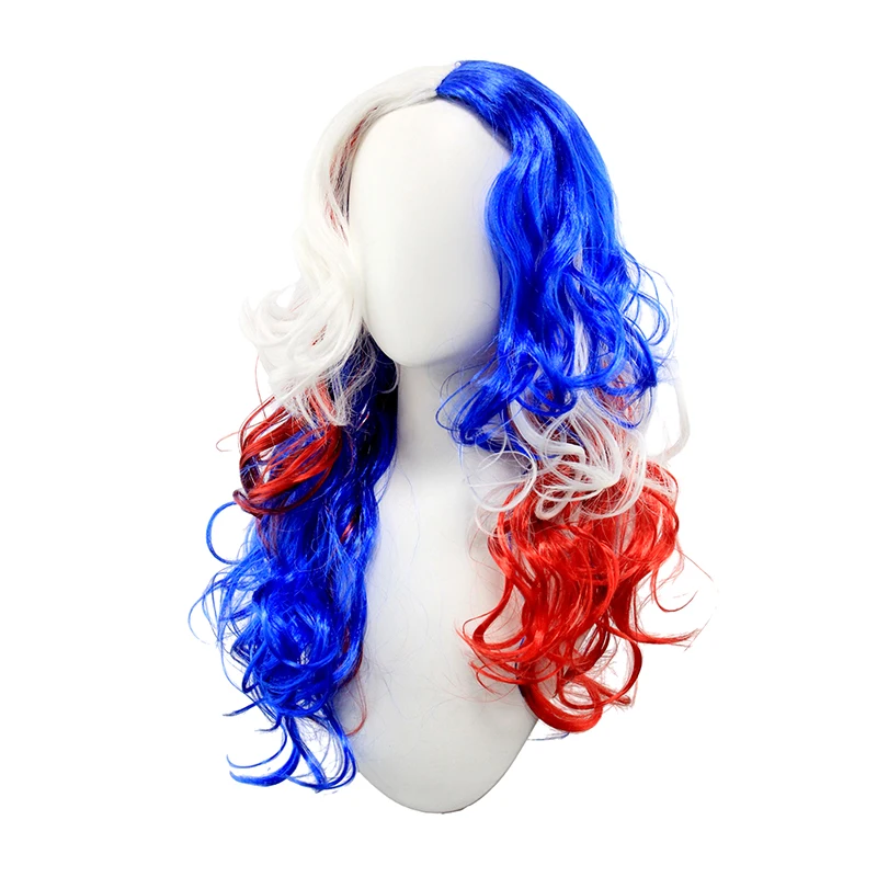 

Anxin Brand Synthetic Fiber Wigs: Red, White, and Blue Long Curly Wigs for Fans, a Must-Have for Watching the World Cup, Popular Photo Prop Hairpieces