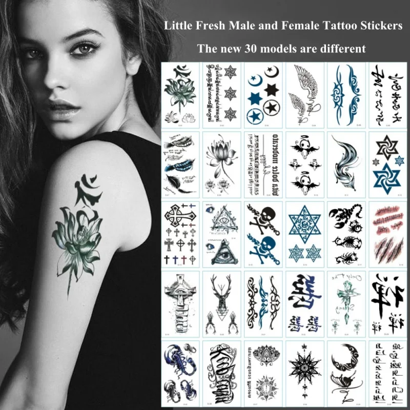 30pcs/set Tattoos Temporary Waterproof Decals for Mens Women Adult Tribal Symbol Arabic Quote Fake Tatoo Stickers for Hands Leg