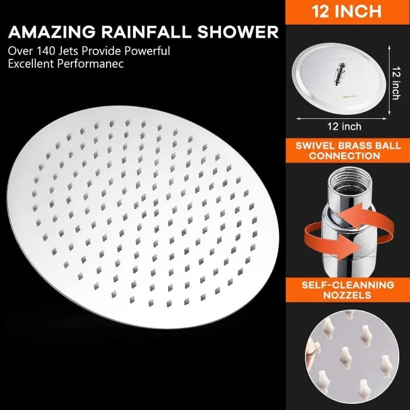 Rain Shower Head with 11'' Adjustable Arm, Ultra-Thin Design - Pressure Boosting (12-Inch Shower Head with Arm, Chrome)